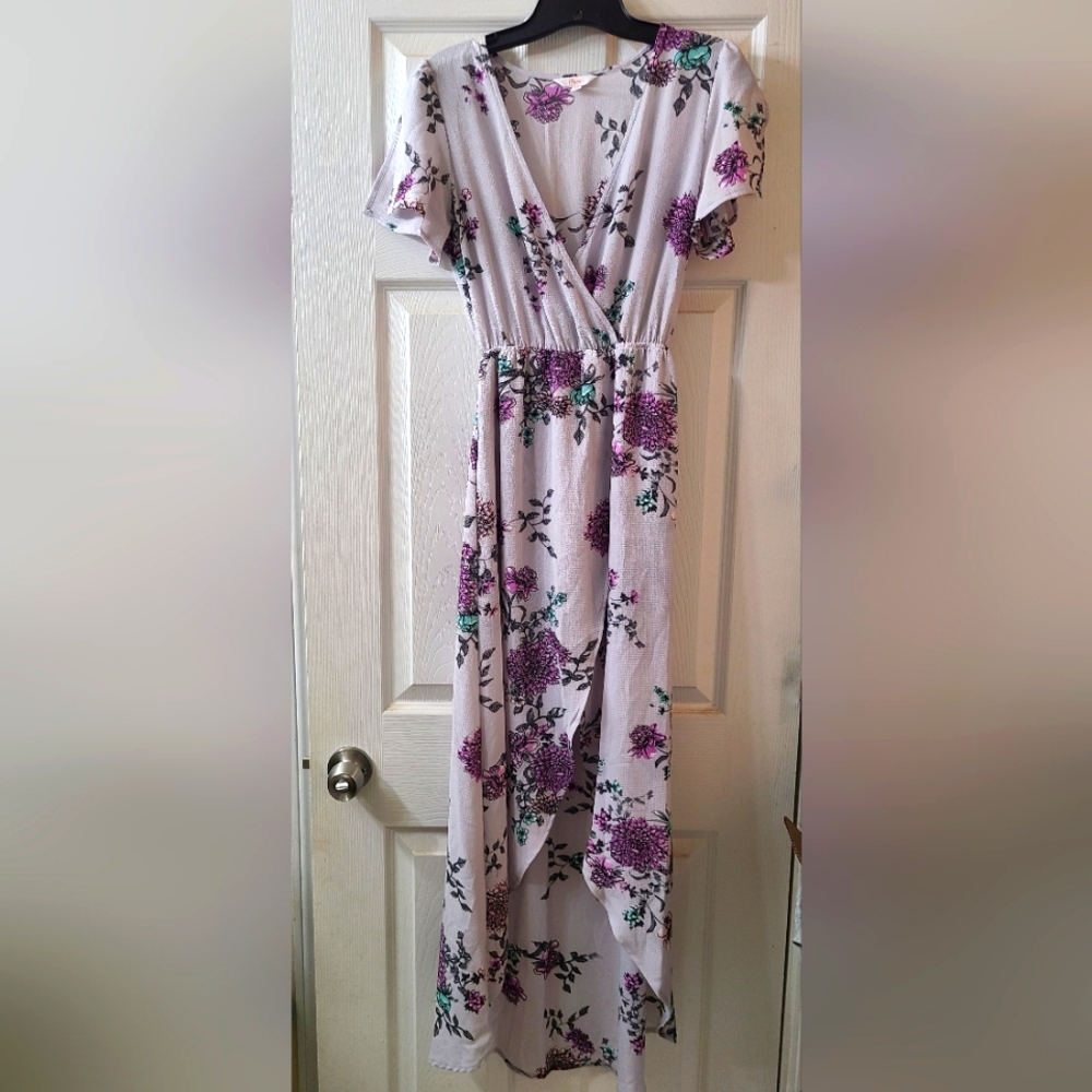 XS Candies maxidress shorts combo, purple, pink and gray flower pattern